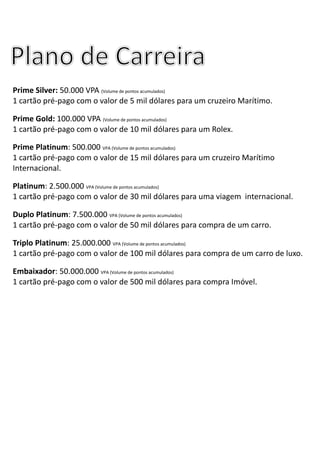 Prime Silver: 50.000 VPA (Volume de pontos acumulados)
1 cartão pré-pago com o valor de 5 mil dólares para um cruzeiro Marítimo.
Prime Gold: 100.000 VPA (Volume de pontos acumulados)
1 cartão pré-pago com o valor de 10 mil dólares para um Rolex.
Prime Platinum: 500.000 VPA (Volume de pontos acumulados)
1 cartão pré-pago com o valor de 15 mil dólares para um cruzeiro Marítimo
Internacional.
Platinum: 2.500.000 VPA (Volume de pontos acumulados)
1 cartão pré-pago com o valor de 30 mil dólares para uma viagem internacional.
Duplo Platinum: 7.500.000 VPA (Volume de pontos acumulados)
1 cartão pré-pago com o valor de 50 mil dólares para compra de um carro.
Triplo Platinum: 25.000.000 VPA (Volume de pontos acumulados)
1 cartão pré-pago com o valor de 100 mil dólares para compra de um carro de luxo.
Embaixador: 50.000.000 VPA (Volume de pontos acumulados)
1 cartão pré-pago com o valor de 500 mil dólares para compra Imóvel.
 