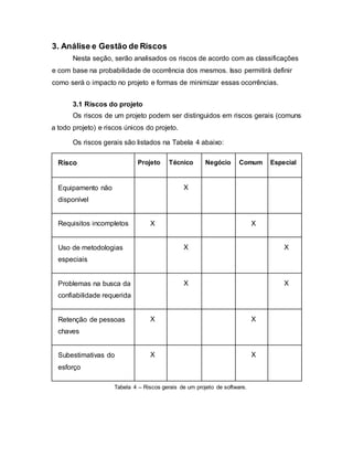 3. Análise e Gestão de Riscos
Nesta seção, serão analisados os riscos de acordo com as classificações
e com base na probabilidade de ocorrência dos mesmos. Isso permitirá definir
como será o impacto no projeto e formas de minimizar essas ocorrências.
3.1 Riscos do projeto
Os riscos de um projeto podem ser distinguidos em riscos gerais (comuns
a todo projeto) e riscos únicos do projeto.
Os riscos gerais são listados na Tabela 4 abaixo:
Risco Projeto Técnico Negócio Comum Especial
Equipamento não
disponível
X
Requisitos incompletos X X
Uso de metodologias
especiais
X X
Problemas na busca da
confiabilidade requerida
X X
Retenção de pessoas
chaves
X X
Subestimativas do
esforço
X X
Tabela 4 – Riscos gerais de um projeto de software.
 
