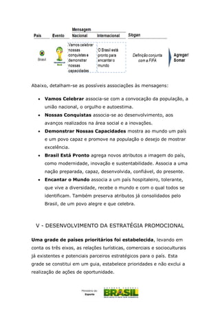 Abaixo, detalham-se as possíveis associações às mensagens:
 Vamos Celebrar associa-se com a convocação da população, a
união nacional, o orgulho e autoestima.
 Nossas Conquistas associa-se ao desenvolvimento, aos
avanços realizados na área social e a inovações.
 Demonstrar Nossas Capacidades mostra ao mundo um país
e um povo capaz e promove na população o desejo de mostrar
excelência.
 Brasil Está Pronto agrega novos atributos a imagem do país,
como modernidade, inovação e sustentabilidade. Associa a uma
nação preparada, capaz, desenvolvida, confiável, do presente.
 Encantar o Mundo associa a um país hospitaleiro, tolerante,
que vive a diversidade, recebe o mundo e com o qual todos se
identificam. Também preserva atributos já consolidados pelo
Brasil, de um povo alegre e que celebra.
V - DESENVOLVIMENTO DA ESTRATÉGIA PROMOCIONAL
Uma grade de países prioritários foi estabelecida, levando em
conta os três eixos, as relações turísticas, comerciais e socioculturais
já existentes e potenciais parceiros estratégicos para o país. Esta
grade se constitui em um guia, estabelece prioridades e não exclui a
realização de ações de oportunidade.
 