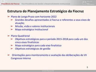 5
➢ Plano de Longo Prazo com horizonte 2022
➢ Grandes desafios apresentados à Fiocruz e referentes a seus eixos de
atuação;
➢ Missão, visão e valores institucionais
➢ Mapa estratégico Institucional
➢ Plano Quadrienal
➢ Objetivos estratégicos para o período 2015-2018 para cada um dos
cinco eixos finalísticos
➢ Mapa estratégico para cada eixo finalístico
➢ Objetivos estratégicos de gestão
➢ Orientações para monitoramento e avaliação das deliberações do VII
Congresso Interno
Estrutura do Planejamento Estratégico da Fiocruz
 