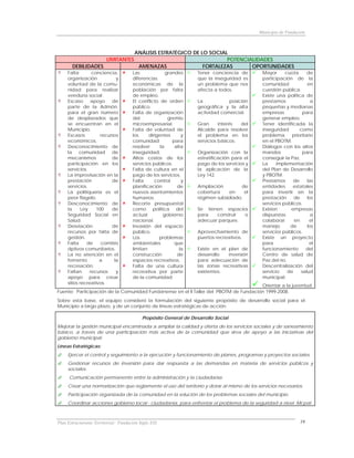 Municipio de Fundación



                                       ANÁLISIS ESTRATÉGICO DE LO SOCIAL
                         LIMITANTES                                     POTENCIALIDADES
       DEBILIDADES                      AMENAZAS                FORTALEZAS      OPORTUNIDADES
     Falta        conciencia,         Las              grandes     Tener conciencia de        Mayor      cuota       de
     organización            y        diferencias                  que la inseguridad es      participación de la
     voluntad de la comu-             económicas de la             un problema que nos        comunidad              en
     nidad para realizar              población por falta          afecta a todos.            cuestión pública.
     veeduría social.                 de empleo.                                              Existe una política de
     Escaso      apoyo     de         El conflicto de orden        La           posición      prestamos                a
     parte de la Admón.               público.                     geográfica y la alta       pequeñas y medianas
     para el gran número              Falta de organización        actividad comercial.       empresas             para
     de desplazados que               del               gremio                                generar empleo.
     se encuentran en el              microempresarial.            Gran      interés  del     Tener identificada la
     Municipio.                       Falta de voluntad de         Alcalde para resolver      inseguridad        como
     Escasos          recursos        los     dirigentes      y    el problema en los         problema       prioritario
     económicos.                      comunidad           para     servicios básicos.         en el PBOTM.
     Desconocimiento de               resolver      la     alta                               Diálogos con los altos
     la comunidad de                  inseguridad.                 Organización con la        mandos               para
     mecanismos            de         Altos costos de los          estratificación para el    conseguir la Paz.
     participación en los             servicios públicos.          pago de los servicios y    La     implementación
     servicios.                       Falta de cultura en el       la aplicación de la        del Plan de Desarrollo
     La improvisación en la           pago de los servicios.       Ley 142.                   y PBOTM.
     prestación            de         Falta      control      y                               Prestamos      de      las
     servicios.                       planificación         de     Ampliación        de       entidades      estatales
     La politiquería es el            nuevos asentamientos         cobertura    en     el     para invertir en la
     peor flagelo.                    humanos.                     régimen subsidiado.        prestación      de     los
     Desconocimiento de               Recorte presupuestal                                    servicios públicos.
     la      Ley    100    de         como política del            Se tienen espacios         Existen       empresas
     Seguridad Social en              actual          gobierno     para   construir o         dispuestas               a
     Salud.                           nacional.                    adecuar parques.           colaborar       en      el
     Desviación            de         Invasión del espacio                                    manejo        de       los
     recursos por falta de            público.                     Aprovechamiento de         servicios públicos.
     gestión.                         Los          problemas       puertos recreativos.       Existe un proyecto
     Falta      de    comités         ambientales          que                                para                    el
     dptivos comunitarios.            limitan                la    Existe en el plan de       funcionamiento        del
     La no atención en el             construcción          de     desarrollo   inversión     Centro de salud de
     fomento         a      la        espacios recreativos.        para adecuación de         Paz del río.
     recreación.                      Falta de una cultura         las zonas recreativas      Descentralización del
     Faltan      recursos    y        recreativa por parte         existentes.                servicio     de     salud
     apoyo para crear                 de la comunidad.                                        municipal.
     sitios recreativos.
                                                                                      Orientar a la juventud.
Fuente: Participación de la Comunidad Fundanense en el II Taller del PBOTM de Fundación 1999-2008.
Sobre esta base, el equipo consideró la formulación del siguiente propósito de desarrollo social para el
Municipio a largo plazo, y de un conjunto de líneas estratégicas de acción.

                                           Propósito General de Desarrollo Social
Mejorar la gestión municipal encaminada a ampliar la calidad y oferta de los servicios sociales y de saneamiento
básico, a través de una participación más activa de la comunidad que sirva de apoyo a las iniciativas del
gobierno municipal.
Líneas Estratégicas:
     Ejercer el control y seguimiento a la ejecución y funcionamiento de planes, programas y proyectos sociales.
     Gestionar recursos de inversión para dar respuesta a las demandas en materia de servicios públicos y
     sociales.
      Comunicación permanente entre la administración y la ciudadanía.
     Crear una normatización que reglamente el uso del territorio y dotar al mismo de los servicios necesarios.
     Participación organizada de la comunidad en la solución de los problemas sociales del municipio.
     Coordinar acciones gobierno local - ciudadanía, para enfrentar el problema de la seguridad a nivel Mcpal.



Plan Estructurante Territorial: Fundación Siglo XXI                                                              19
 