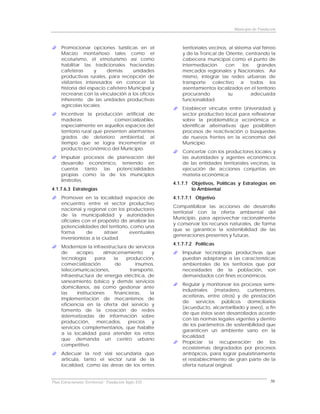 Municipio de Fundación



     Promocionar opciones turísticas en el                territoriales vecinos, al sistema vial férreo
     Macizo montañoso tales como el                       y de la Troncal de Oriente, centrando la
     ecoturismo, el etnoturismo así como                  cabecera municipal como el punto de
     habilitar las tradicionales haciendas                intermediación       con       los   grandes
     cafeteras       y    demás     unidades              mercados regionales y Nacionales. Así
     productivas rurales, para recepción de               mismo, integrar las redes urbanas de
     visitantes interesados en conocer la                 transporte colectivo a todos los
     historia del espacio cafetero Municipal y            asentamientos localizados en el territorio
     recrearse con la vinculación a los oficios           procurando            su           adecuada
     inherente de las unidades productivas                funcionalidad.
     agrícolas locales.
                                                          Establecer vínculos entre Universidad y
     Incentivar la producción artificial de               sector productivo local para reflexionar
     maderas                  comercializables,           sobre la problemática económica e
     especialmente en aquellos espacios del               identificar alternativas que posibiliten
     territorio rural que presenten alarmantes            procesos de reactivación o búsquedas
     grados de deterioro ambiental, al                    de nuevos frentes en la economía del
     tiempo que se logra incrementar el                   Municipio.
     producto económico del Municipio.
                                                          Concertar con los productores locales y
     Impulsar procesos de planeación del                  las autoridades y agentes económicos
     desarrollo económico, teniendo en                    de las entidades territoriales vecinas, la
     cuenta tanto las potencialidades                     ejecución de acciones conjuntas en
     propias como la de los municipios                    materia económica.
     limítrofes.
                                                      4.1.7.7 Objetivos, Políticas y Estrategias en
4.1.7.6.3 Estrategias                                         lo Ambiental
     Promover en la localidad espacios de             4.1.7.7.1 Objetivo
     encuentro entre el sector productivo
                                                      Compatibilizar las acciones de desarrollo
     nacional y regional con los productores
                                                      territorial con la oferta ambiental del
     de la municipalidad y autoridades
                                                      Municipio, para aprovechar racionalmente
     oficiales con el propósito de analizar las
                                                      y conservar los recursos naturales, de forma
     potencialidades del territorio, como una
                                                      que se garantice la sostenibilidad de las
     forma       de       atraer    eventuales
                                                      generaciones presentes y futuras.
     inversionistas a la ciudad.
                                                      4.1.7.7.2 Políticas
     Modernizar la infraestructura de servicios
     de     acopio,      almacenamiento       y           Impulsar tecnologías productivas que
     tecnología       para   la   producción,             puedan adaptarse a las características
     comercialización         de       insumos,           ambientales de los territorios que por
     telecomunicaciones,            transporte,           necesidades de la población, son
     infraestructura de energía eléctrica, de             demandados con fines económicos.
     saneamiento básico y demás servicios
                                                          Regular y monitorear los procesos semi-
     domiciliarios, así como gestionar ante
                                                          industriales (matadero, curtiembres,
     las     instituciones   financieras,    la
                                                          aceiteras, entre otros) y de prestación
     implementación de mecanismos de
                                                          de servicios públicos domiciliarios
     eficiencia en la oferta del servicio y
                                                          (acueducto, alcantarillado y aseo), a fin
     fomento de la creación de redes
                                                          de que éstos sean desarrollados acorde
     sistematizadas de información sobre
                                                          con las normas legales vigentes y dentro
     producción,       mercados,   precios y
                                                          de los parámetros de sostenibilidad que
     servicios complementarios, que habilite
                                                          garanticen un ambiente sano en la
     a la localidad para atender los retos
                                                          localidad.
     que demanda un centro urbano
                                                          Propiciar la recuperación de los
     competitivo.
                                                          ecosistemas degradados por procesos
     Adecuar la red vial secundaria que                   antrópicos, para lograr paulatinamente
     articula, tanto el sector rural de la                el restablecimiento de gran parte de la
     localidad, como las áreas de los entes               oferta natural original.


Plan Estructurante Territorial: Fundación Siglo XXI                                                  50
 