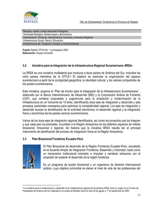 Plan de Ordenamiento Territorial de la Provincia de Pastaza


Bosques, suelos y áreas Naturales Protegidas
Diversidad Biológica, Biotécnología y Biocomercio
Ordenamiento Territorial, Asentamientos Humanos y Asuntos Indígenas
Infraestructura Social: Salud y Educación
Infraestructura de Transporte, Energía y Comunicaciones

Fuente: Boletín OTCA No. 1 junio/agosto 2004
Elaboración: Equipo Consultor



3.2       Iniciativa para la Integración de la Infraestructura Regional Suramericana -IIRSA-

La IIRSA es una iniciativa multilateral que involucra a doce países de América del Sur, incluidos los
ocho países miembros de la OTCA.3 El objetivo es estimular la organización del espacio
suramericano a partir de la contigüidad geográfica, la identidad cultural, y los valores compartidos de
los países suramericanos.

Esta iniciativa, propone el “Plan de Acción para la Integración de la Infraestructura Suramericana” ,
elaborado por el Banco Interamericano de Desarrollo (BID) y la Corporación Andina de Fomento
(CAF), que contiene propuestas y sugerencias para la ampliación y modernización de la
infraestructura en un horizonte de 10 años, identificando doce ejes de integración y desarrollo y seis
procesos sectoriales necesarios para optimizar la competitividad regional. Los ejes de integración y
desarrollo buscan la densificación de la actividad económica, el desarrollo regional y la integración
física y económica de los países vecinos suramericanos.

Varios de los doce ejes de integración regional identificados, así como los proyectos que los integran
y que cada país ha priorizado, incumben a la Región Amazónica en los distintos espacios de interés
binacional, trinacional o regional, de manera que la iniciativa IIRSA resulta ser el principal
instrumento de planificación del proceso de integración física en la Región Amazónica.

3.3       Plan Binacional Fronterizo Ecuador-Perú

                       El Plan Binacional de desarrollo de la Región Fronteriza Ecuador-Perú, concebido
                       en el Acuerdo Amplio de Integración Fronteriza, Desarrollo y Vecindad, nació como
                       un mecanismo institucional orientado a impulsar y canalizar esfuerzos con el
                       propósito de acelerar el desarrollo de la región fronteriza.

                       Es un programa de acción binacional y un organismo de derecho internacional
                       público, cuyo objetivo primordial es elevar el nivel de vida de las poblaciones del




3La iniciativa para la modernización y desarrollo de la infraestructura regional de Suramérica IIRSA, tiene su origen en la Cumbre de
Presidentes de América del Sur realizada en la ciudad de Brasilia, entre los días 30 de agosto y 1º de septiembre de 2000.
                                                                                                                                    17
 