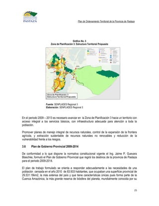 Plan de Ordenamiento Territorial de la Provincia de Pastaza




                                              Gráfico No. 3
                         Zona de Planificación 3: Estructura Territorial Propuesta




                    Fuente: SENPLADES Regional 3
                    Elaboración: SENPLADES Regional 3



En el periodo 2009 – 2013 es necesario avanzar en la Zona de Planificación 3 hacia un territorio con
acceso integral a los servicios básicos, con infraestructura adecuada para atención a toda la
población.

Promover planes de manejo integral de recursos naturales, control de la expansión de la frontera
agrícola, y extracción sustentable de recursos naturales no renovables y reducción de la
vulnerabilidad frente a los riesgos.

3.6     Plan de Gobierno Provincial 2009-2014

De conformidad a lo que dispone la normativa constitucional vigente el Ing. Jaime P. Guevara
Blaschke, formuló el Plan de Gobierno Provincial que regirá los destinos de la provincia de Pastaza
para el periodo 2009-2014.

El plan de trabajo formulado se orienta a responder adecuadamente a las necesidades de una
población censada en el año 2010 de 83.933 habitantes, que ocupaban una superficie provincial de
29.531.18km2, la más extensa del país y que tiene características únicas pues forma parte de la
Cuenca Amazónica, la más grande reserva de biósfera del planeta, mundialmente conocida por su


                                                                                                             25
 