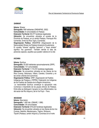Plan de Ordenamiento Territorial de la Provincia de Pastaza




SHIWIAR
Idioma: Shiwiar
Demografía: 698 habitantes (ONSHIPAE, 2002)
Comunidades: 8 comunidades en Pastaza
Extensión Territorial: 89.377 hectáreas legalizadas
Ubicación: Se encuentran ubicados al sureste de la
Provincia de Pastaza, en el cantón Pastaza, Parroquia Río
Corrientes. Entre los Ríos Tigre y Corrientes.
Organización Política: ONSHIPAE (Organización de la
Nacionalidad Shiwiar de Pastaza Amazonía Ecuatoriana).
El vocablo "shiwiar" significa "persona" y "mayn shiwiar"
significa "los guerreros". También denota la idea de:
personas capaces, aquellos que pueden valerse en la vida


KICHWA
Idioma: Quichua
Demografía: 20.000 habitantes aproximadamente (OPIP).
Comunidades: 131 comunidades
Extensión Territorial: 1.115.472 hectáreas legalizadas
Ubicación: Se encuentran ubicados en las riberas de los
Rios Curaray, Bobonaza, Villano, Canelos, Conambo y en
las zonas urbanas de la provincia.
Organización Política: OPIP, Organización de Pueblos
Indígenas del Pastaza y FIPPRA, Federación de Indígenas
de los Pueblos de Pastaza de la Región Amazónica.
 La nacionalidad Quichua constituye la agrupación más
numerosa e importante de los grupos étnicos de Pastaza.
Entre ellos se distinguen 2 grupos no muy diferenciados: los
del sector del Rio Arajuno y de la Vía Puyo – Tena.


WAODANI
Idioma: Wao terero
Demografía: 1.495 hab. (ONAHE, 1.996)
Comunidades: 36 comunidades
Extensión Territorial: 678.220 hectáreas legalizadas
Ubicación: Se encuentran ubicados en las riberas de los ríos
Curaray, Nashiño, Mandoroyacu, Tigüino, Shiripuno,
Tiputini (Pastaza, cantón Arajuno) y Cononaco en el norte

                                                                                                          41
 