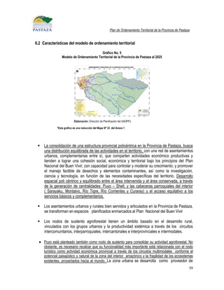 Plan de Ordenamiento Territorial de la Provincia de Pastaza


6.2 Características del modelo de ordenamiento territorial

                                          Gráfico No. 5
                 Modelo de Ordenamiento Territorial de la Provincia de Pastaza al 2025




                           Elaboración: Dirección de Planificación del GADPPz

             *Este grafico es una reducción del Mapa Nº 33 del Anexo 1




  La consolidación de una estructura provincial policéntrica en la Provincia de Pastaza, busca
   una distribución equilibrada de las actividades en el territorio, con una red de asentamientos
   urbanos, complementarias entre sí, que comparten actividades económico productivas y
   tienden a lograr una cohesión social, económica y territorial bajo los principios del Plan
   Nacional del Buen Vivir; con capacidad para controlar y moderar su crecimiento; y promover
   el manejo factible de desechos y elementos contaminantes, así como la investigación,
   ciencia y tecnología, en función de las necesidades específicas del territorio. Desarrollo
   espacial poli céntrico y equilibrado entre el área intervenida y el área conservada, a través
   de la generación de centralidades: Puyo – Shell; y las cabeceras parroquiales del interior
   ( Sarayaku, Montalvo, Río Tigre, Río Corrientes y Curaray) y el acceso equitativo a los
   servicios básicos y complementarios.

  Los asentamientos urbanos y rurales bien servidos y articulados en la Provincia de Pastaza,
   se transforman en espacios planificados enmarcados al Plan Nacional del Buen Vivir

  Los nodos de sustento agroforestal tienen un ámbito basado en el desarrollo rural,
   vinculados con los grupos urbanos y la productividad sistémica a través de los circuitos
   intercomunitarios, interparroquiales, intercantonales e interprovinciales e intermodales.

     Puyo está planteado también como nodo de sustento para consolidar su actividad agroforestal. No
     obstante, es necesario recalcar que su funcionalidad más importante está relacionada con el nodo
     turístico como actividad económica provincial a través de los circuitos multimodales conforme el
     potencial paisajístico y natural de la zona del interior amazónico y la fragilidad de los ecosistemas
     existentes, proyectados hacia al mundo. La zona urbana se desarrolla como proveedor de
                                                                                                                    59
 
