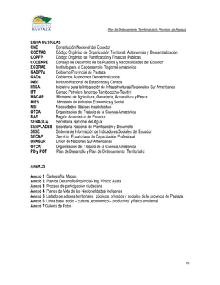 Plan de Ordenamiento Territorial de la Provincia de Pastaza


LISTA DE SIGLAS
CNE          Constitución Nacional del Ecuador
COOTAD       Código Orgánico de Organización Territorial, Autonomías y Descentralización
COPFP        Código Orgánico de Planificación y Finanzas Públicas
CODENPE      Consejo de Desarrollo de los Pueblos y Nacionalidades del Ecuador
ECORAE       Instituto para el Ecodesarrollo Regional Amazónico
GADPPz       Gobierno Provincial de Pastaza
GADs         Gobiernos Autónomos Descentralizados
INEC         Instituto Nacional de Estadística y Censos
IIRSA        Iniciativa para la Integración de Infraestructuras Regionales Sur Americanas
ITT          Campo Petrolero Ishpingo-Tambococha-Tiputini
MAGAP         Ministerio de Agricultura, Ganadería, Acuacultura y Pesca
MIES          Ministerio de Inclusión Económica y Social
NBI          Necesidades Básicas Insatisfechas
OTCA         Organización del Tratado de la Cuenca Amazónica
RAE          Región Amazónica del Ecuador
SENAGUA      Secretaría Nacional del Agua
SENPLADES Secretaría Nacional de Planificación y Desarrollo
SIISE        Sistema de Información de Indicadores Sociales del Ecuador
SECAP        Servicio Ecuatoriano de Capacitación Profesional
UNASUR       Unión de Naciones Sur Americanas
OTCA         Organización del Tratado de la Cuenca Amazónica
PD y POT     Plan de Desarrollo y Plan de Ordenamiento Territorial d


ANEXOS

Anexo 1. Cartografía: Mapas
Anexo 2. Plan de Desarrollo Provincial- Ing. Vinicio Ayala
Anexo 3. Proceso de participación ciudadana
Anexo 4. Planes de Vida de las Nacionalidades Indígenas
Anexo 5. Listado de actores territoriales públicos, privados y sociales de la provincia de Pastaza
Anexo 6. Línea base socio – cultural, económico – productivo y físico ambiental
Anexo 7.Galería de Fotos




                                                                                                           75
 