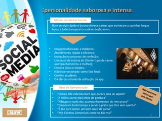 :personalidade	
  saborosa	
  e	
  intensa:personalidade	
  saborosa	
  e	
  intensa
Missão	
  nas	
  Redes	
  Sociais
Num	
  serviço	
  rápido	
  e	
  barato	
  oferece	
  carnes	
  que	
  estiveram	
  a	
  cozinhar	
  longas	
  
horas	
  a	
  baixa	
  temperatura	
  até	
  se	
  desfazerem.
• Imagem	
  sofisticada	
  e	
  moderna;
• Atendimento	
  rápido	
  e	
  eficiente;
• Inovação	
  no	
  processo	
  de	
  confeção;
• Um	
  prato	
  da	
  autoria	
  do	
  Cliente	
  (tipo	
  de	
  carne;	
  
acompanhamentos	
  e	
  molhos);
• Ementa	
  única	
  e	
  simples;
• Não	
  é	
  percecionado	
  como	
  fast	
  food;
• Comida	
  saudável;
• Dá	
  ofertas	
  através	
  da	
  utilização	
  da	
  app.
• “O	
  meu	
  bife	
  está	
  tão	
  duro	
  que	
  parece	
  sola	
  de	
  sapato”
• “A	
  minha	
  carne	
  está	
  cheia	
  de	
  gordura”
• “Não	
  gosto	
  nada	
  dos	
  acompanhamentos	
  do	
  meu	
  prato”
• “Demoram	
  tanto	
  tempo	
  a	
  servir	
  o	
  prato	
  que	
  fico	
  sem	
  apetite”
• “É	
  tão	
  caro	
  comer	
  um	
  bom	
  naco	
  de	
  carne”
• “Nos	
  Centros	
  Comerciais	
  come-­‐se	
  tão	
  mal”
Eixos	
  de	
  Comunicação
22
 