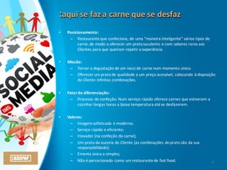 :aqui	
  se	
  faz	
  a	
  carne	
  que	
  se	
  desfaz:aqui	
  se	
  faz	
  a	
  carne	
  que	
  se	
  desfaz
• Posicionamento:
– Restaurante	
  que	
  confeciona,	
  de	
  uma	
  “maneira	
  inteligente”	
  vários	
  tipos	
  de	
  
carne,	
  de	
  modo	
  a	
  oferecer	
  um	
  prato	
  suculento	
  e	
  com	
  sabores	
  raros	
  aos	
  
Clientes	
  para	
  que	
  queiram	
  repetir	
  a	
  experiência.
• Missão:
– Tornar	
  a	
  degustação	
  de	
  um	
  naco	
  de	
  carne	
  num	
  momento	
  único.
– Oferecer	
  um	
  prato	
  de	
  qualidade	
  a	
  um	
  preço	
  acessível,	
  colocando	
  à	
  disposição	
  
do	
  Cliente	
  infinitas	
  combinações.	
  
• Fator	
  de	
  diferenciação:
– Processo	
  de	
  confeção:	
  Num	
  serviço	
  rápido	
  oferece	
  carnes	
  que	
  estiveram	
  a	
  
cozinhar	
  longas	
  horas	
  a	
  baixa	
  temperatura	
  até	
  se	
  desfazerem.
• Valores:
– Imagem	
  sofisticada	
  e	
  moderna;
– Serviço	
  rápido	
  e	
  eficiente;
– Inovador	
  (na	
  confeção	
  da	
  carne);
– Um	
  prato	
  da	
  autoria	
  do	
  Cliente	
  (as	
  combinações	
  do	
  prato	
  são	
  da	
  sua	
  
responsabilidade);
– Ementa	
  única	
  e	
  simples;
– Não	
  é	
  percecionado	
  como	
  um	
  restaurante	
  de	
  fast	
  food. 3
 