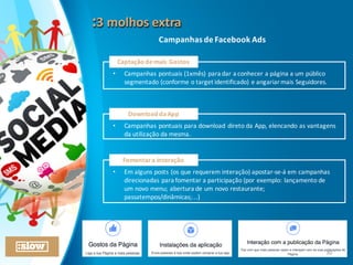:3	
  molhos	
  extra:3	
  molhos	
  extra
Captação	
  de	
  mais	
  Gostos
• Campanhas	
  pontuais	
  (1xmês) para	
  dar	
  a	
  conhecer	
  a	
  página	
  a	
  um	
  público	
  
segmentado	
  (conforme	
  o	
  target	
  identificado)	
  e	
  angariar	
  mais	
  Seguidores.
Campanhas	
  de	
  Facebook	
  Ads
Download	
  da	
  App
• Campanhas	
  pontuais	
  para	
  download	
  direto	
  da	
  App,	
  elencando	
  as	
  vantagens	
  
da	
  utilização da	
  mesma.
Fomentar	
  a	
  interação
• Em	
  alguns	
  posts	
  (os	
  que	
  requerem	
  interação)	
  apostar-­‐se-­‐á	
  em	
  campanhas	
  
direcionadas	
  para	
  fomentar	
  a	
  participação	
  (por	
  exemplo:	
  lançamento	
  de	
  
um	
  novo	
  menu;	
  abertura	
  de	
  um	
  novo	
  restaurante;	
  
passatempos/dinâmicas;...)
30
 