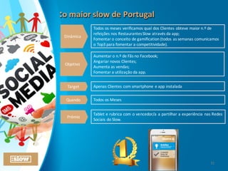 :o	
  maior	
  slow	
  de	
  Portugal:o	
  maior	
  slow	
  de	
  Portugal
Objetivo
Target
Quando
Aumentar	
  o	
  n.º	
  de	
  Fãs	
  no	
  Facebook;
Angariar	
  novos	
  Clientes;
Aumenta	
  as	
  vendas;
Fomentar	
  a	
  utilização	
  da	
  app.
Apenas Clientes com smartphone e app instalada
Todos os Meses
Dinâmica
Todos	
  os	
  meses	
  verificamos	
  qual	
  dos	
  Clientes	
  obteve	
  maior	
  n.º	
  de	
  
refeições	
  nos	
  Restaurantes	
  Slow	
  através	
  da	
  app;
Fomentar	
  o	
  conceito	
  de	
  gamification	
  (todos	
  as	
  semanas	
  comunicamos	
  
o	
  Top3	
  para	
  fomentar	
  a	
  competitividade).	
  
Prémio
Tablet e rubrica com o vencedor/a a partilhar a experiência nas Redes
Sociais do Slow.
31
 