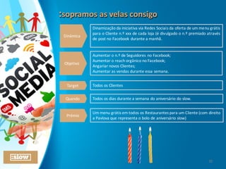 :sopramos	
  as	
  velas	
  consigo:sopramos	
  as	
  velas	
  consigo
Objetivo
Target
Quando
Aumentar	
  o	
  n.º	
  de	
  Seguidores	
  no	
  Facebook;
Aumentar	
  o	
  reach	
  orgânico	
  no	
  Facebook;
Angariar	
  novos	
  Clientes;
Aumentar	
  as	
  vendas	
  durante	
  essa	
  semana.
Todos os Clientes
Todos os dias durante a semana do aniversário do slow.
Dinâmica
Dinamização da iniciativa via Redes Sociais da oferta de um menu grátis
para o Cliente n.º xxx de cada loja (é divulgado o n.º premiado através
de post no Facebook durante a manhã.
Prémio
Um menu grátis em todos os Restaurantes para um Cliente (com direito
a Pavlova que representa o bolo de aniversário slow)
32
 