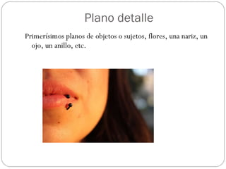 Plano detalle Primerísimos planos de objetos o sujetos, flores, una nariz, un ojo, un anillo, etc. 