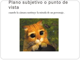 Plano subjetivo o punto de vista cuando la cámara sustituye la mirada de un personaje. 