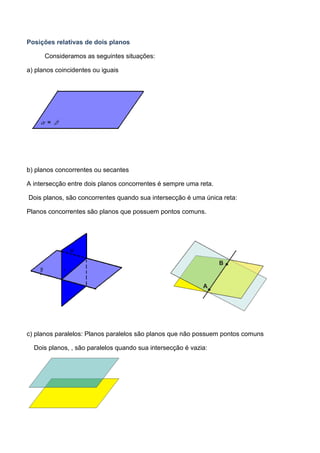 Posições relativas de dois planos

      Consideramos as seguintes situações:

a) planos coincidentes ou iguais




b) planos concorrentes ou secantes

A intersecção entre dois planos concorrentes é sempre uma reta.

Dois planos, são concorrentes quando sua intersecção é uma única reta:

Planos concorrentes são planos que possuem pontos comuns.




c) planos paralelos: Planos paralelos são planos que não possuem pontos comuns

  Dois planos, , são paralelos quando sua intersecção é vazia:
 