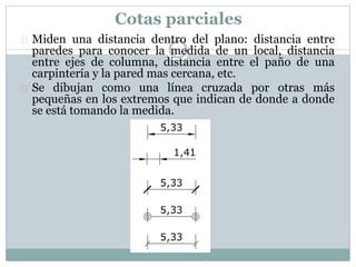 Cotas parciales 
 Miden una distancia dentro del plano: distancia entre 
paredes para conocer la medida de un local, distancia 
entre ejes de columna, distancia entre el paño de una 
carpintería y la pared mas cercana, etc. 
 Se dibujan como una línea cruzada por otras más 
pequeñas en los extremos que indican de donde a donde 
se está tomando la medida. 
 