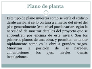 Plano de planta 
 Este tipo de plano muestra como se vería el edificio 
desde arriba si se lo cortara a 1 metro del nivel del 
piso generalmente (este nivel puede variar según la 
necesidad de mostrar detalles del proyecto que se 
encuentren por encima de este nivel). Son los 
primeros planos de una obra, y permiten entender 
rápidamente como es la obra a grandes rasgos. 
Muestran la posición de las paredes, 
cimentaciones, los ejes, niveles, demás 
instalaciones. 
 