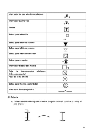 64
Interruptor de tres vías (conmutación)
Interruptor cuatro vías
Timbre
Salida para televisión
Salida para teléfono externo
Salida para teléfono externo
Salida para intercomunicador
Salida para extractor
Interruptor bipolar con fusible
Caja de interconexión telefónica
(intercomunicador)
Pozo de toma a tierra
Salida para therma o calentador
Interruptor termomagnético
8.3 Tubería
a) Tubería empotrada en pared o techo: dibujada con línea continua (03 mm), en
arco amplio.
 