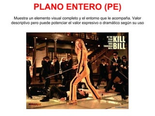 PLANO ENTERO (PE) Muestra un elemento visual completo y el entorno que le acompaña. Valor descriptivo pero puede potenciar el valor expresivo o dramático según su uso  