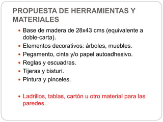 PROPUESTA DE HERRAMIENTAS Y
MATERIALES
 Base de madera de 28x43 cms (equivalente a
doble-carta).
 Elementos decorativos: árboles, muebles.
 Pegamento, cinta y/o papel autoadhesivo.
 Reglas y escuadras.
 Tijeras y bisturí.
 Pintura y pinceles.
 Ladrillos, tablas, cartón u otro material para las
paredes.
 