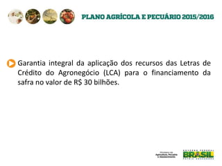 Garantia integral da aplicação dos recursos das Letras de
Crédito do Agronegócio (LCA) para o financiamento da
safra no valor de R$ 30 bilhões.
 
