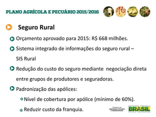 Orçamento aprovado para 2015: R$ 668 milhões.
Sistema integrado de informações do seguro rural –
SIS Rural
Redução do custo do seguro mediante negociação direta
entre grupos de produtores e seguradoras.
Padronização das apólices:
Nível de cobertura por apólice (mínimo de 60%).
Reduzir custo da franquia.
Seguro Rural
 