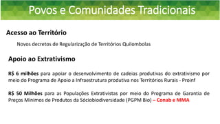 Povos e Comunidades Tradicionais
Acesso ao Território
R$ 6 milhões para apoiar o desenvolvimento de cadeias produtivas do extrativismo por
meio do Programa de Apoio a Infraestrutura produtiva nos Territórios Rurais - Proinf
R$ 50 Milhões para as Populações Extrativistas por meio do Programa de Garantia de
Preços Mínimos de Produtos da Sóciobiodiversidade (PGPM Bio) – Conab e MMA
Novos decretos de Regularização de Territórios Quilombolas
Apoio ao Extrativismo
 