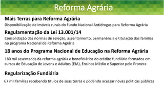Reforma Agrária
Mais Terras para Reforma Agrária
Consolidação das normas de seleção, assentamento, permanência e titulação das famílias
no programa Nacional de Reforma Agrária
Disponibilização de imóveis rurais do Fundo Nacional Antidrogas para Reforma Agrária
Regulamentação da Lei 13.001/14
18 anos do Programa Nacional de Educação na Reforma Agrária
180 mil assentados da reforma agrária e beneficiários do crédito fundiário formados em
cursos de Educação de Jovens e Adultos (EJA), Ensinos Médio e Superior pelo Pronera
Regularização Fundiária
67 mil famílias recebendo títulos de suas terras e podendo acessar novas políticas públicas
 
