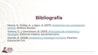 Bibliografía
Moore, K., Dalley, A., y Agur, A. (2017). Anatomía con orientación
clínica. Wolters Kluwer.
Tortora, G., y Derrickson, B. (2013). Principios de anatomía y
fisiología. Editorial médica. panamericana.
Marieb, N. (2008). Anatomía y fisiología humana. Pearson
Educación S.A.
 