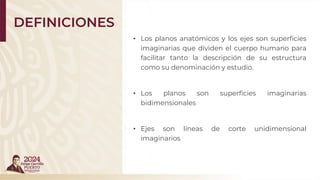 DEFINICIONES
• Los planos anatómicos y los ejes son superficies
imaginarias que dividen el cuerpo humano para
facilitar tanto la descripción de su estructura
como su denominación y estudio.
• Los planos son superficies imaginarias
bidimensionales
• Ejes son líneas de corte unidimensional
imaginarios
 