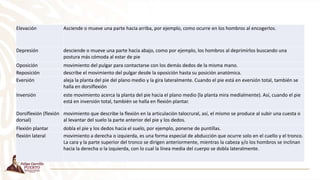 Elevación Asciende o mueve una parte hacia arriba, por ejemplo, como ocurre en los hombros al encogerlos.
Depresión desciende o mueve una parte hacia abajo, como por ejemplo, los hombros al deprimirlos buscando una
postura más cómoda al estar de pie
Oposición movimiento del pulgar para contactarse con los demás dedos de la misma mano.
Reposición describe el movimiento del pulgar desde la oposición hasta su posición anatómica.
Eversión aleja la planta del pie del plano medio y la gira lateralmente. Cuando el pie está en eversión total, también se
halla en dorsiflexión
Inversión este movimiento acerca la planta del pie hacia el plano medio (la planta mira medialmente). Así, cuando el pie
está en inversión total, también se halla en flexión plantar.
Dorsiflexión (flexión
dorsal)
movimiento que describe la flexión en la articulación talocrural, así, el mismo se produce al subir una cuesta o
al levantar del suelo la parte anterior del pie y los dedos.
Flexión plantar dobla el pie y los dedos hacia el suelo, por ejemplo, ponerse de puntillas.
flexión lateral movimiento a derecha o izquierda, es una forma especial de abducción que ocurre solo en el cuello y el tronco.
La cara y la parte superior del tronco se dirigen anteriormente, mientras la cabeza y/o los hombros se inclinan
hacia la derecha o la izquierda, con lo cual la línea media del cuerpo se dobla lateralmente.
 