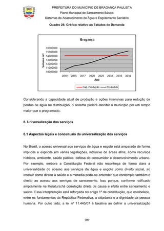 PREFEITURA DO MUNICÍPIO DE BRAGANÇA PAULISTA
Plano Municipal de Saneamento Básico
Sistemas de Abastecimento de Água e Esgotamento Sanitário
109
Quadro 26: Gráfico relativo ao Estudos de Demanda
Considerando a capacidade atual de produção e ações intensivas para redução de
perdas de água na distribuição, o sistema poderá atender o município por um tempo
maior que o programado.
6. Universalização dos serviços
6.1 Aspectos legais e conceituais da universalização dos serviços
No Brasil, o acesso universal aos serviços de água e esgoto está amparado de forma
implícita e explícita em várias legislações, inclusive de áreas afins, como recursos
hídricos, ambiente, saúde pública, defesa do consumidor e desenvolvimento urbano.
Por exemplo, embora a Constituição Federal não reconheça de forma clara a
universalidade do acesso aos serviços de água e esgoto como direito social, ao
instituir como direito à saúde e a moradia pode-se entender que contemple também o
direito ao acesso aos serviços de saneamento. Isso porque, conforme ratificado
amplamente na literatura,há correlação direta de causa e efeito entre saneamento e
saúde. Essa interpretação está reforçada no artigo 1º da constituição, que estabelece,
entre os fundamentos da República Federativa, a cidadania e a dignidade da pessoa
humana. Por outro lado, a lei nº 11.445/07 é taxativa ao definir a universalização
 