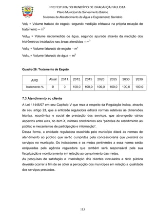 PREFEITURA DO MUNICÍPIO DE BRAGANÇA PAULISTA
Plano Municipal de Saneamento Básico
Sistemas de Abastecimento de Água e Esgotamento Sanitário
115
VolT = Volume tratado de esgoto, segundo medição efetuada na própria estação de
tratamento – m3
VolMA = Volume micromedido de água, segundo apurado através da medição dos
hidrômetros instalados nas áreas atendidas – m3
VolFE = Volume faturado de esgoto – m3
VolFA = Volume faturado de água – m3
Quadro 28: Tratamento de Esgoto
ANO Atual 2011 2012 2015 2020 2025 2030 2039
Tratamento % 0 0 100,0 100,0 100,0 100,0 100,0 100,0
7.3 Atendimento ao cliente
A Lei 11445/07 em seu Capítulo V que reza a respeito da Regulação indica, através
de seu artigo 23, que a entidade reguladora editará normas relativas às dimensões
técnica, econômica e social de prestação dos serviços, que abrangerão vários
aspectos entre eles, no item X, normas condizentes aos “padrões de atendimento ao
público e mecanismos de participação e informação”.
Dessa forma, a entidade reguladora escolhida pelo município ditará as normas de
atendimento ao público que serão cumpridas pela concessionária que prestará os
serviços no município. Os indicadores e as metas pertinentes a essa norma serão
estipuladas pela agência reguladora que também será responsável pela sua
fiscalização e monitoramento em relação ao cumprimento das metas.
As pesquisas de satisfação e insatisfação dos clientes vinculados a rede pública
deverão ocorrer a fim de se obter a percepção dos munícipes em relação a qualidade
dos serviços prestados.
 