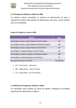 PREFEITURA DO MUNICÍPIO DE BRAGANÇA PAULISTA
Plano Municipal de Saneamento Básico
Sistemas de Abastecimento de Água e Esgotamento Sanitário
116
8. Formulação de Objetivos e Metas do PMS
Os objetivos visando universalizar os sistemas de abastecimento de água e
esgotamento sanitário estão descritos na tabela abaixo, bem como o prazo estimado
para sua consolidação.
Quadro 29: Objetivos e metas do PMS
Objetivo Meta
Universalizar acesso a Água Potável na Zona Urbana CP
Universalizar acesso a Água Potável em Núcleos Isolados MP
Universalizar acesso a Água Potável na Zona Rural LP
Universalizar a coleta de esgoto na Zona Urbana CP
Universalizar a coleta de esgoto nos Núcleos Isolados MP
Universalizar a coleta de esgoto na Zona Rural LP
Educação Ambiental e Sanitária Permanente
CP – Curto Prazo - até 5 anos
MP – Médio Prazo – de 5 a 10 anos
LP – Longo Prazo – de 10 a 20 anos
8.1 Definição de Programas, Projetos e Ações
As macroações serão divididas em planos de trabalho, detalhando as atividades
especificas para atendimento do objetivo.
 