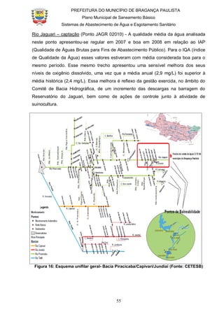 PREFEITURA DO MUNICÍPIO DE BRAGANÇA PAULISTA
Plano Municipal de Saneamento Básico
Sistemas de Abastecimento de Água e Esgotamento Sanitário
55
Rio Jaguari – captação (Ponto JAGR 02010) - A qualidade média da água analisada
neste ponto apresentou-se regular em 2007 e boa em 2008 em relação ao IAP
(Qualidade de Águas Brutas para Fins de Abastecimento Público). Para o IQA (índice
de Qualidade da Água) esses valores estiveram com média considerada boa para o
mesmo período. Esse mesmo trecho apresentou uma sensível melhora dos seus
níveis de oxigênio dissolvido, uma vez que a média anual (2,9 mg/L) foi superior à
média histórica (2,4 mg/L). Essa melhora é reflexo da gestão exercida, no âmbito do
Comitê de Bacia Hidrográfica, de um incremento das descargas na barragem do
Reservatório do Jaguari, bem como de ações de controle junto à atividade de
suinocultura.
Figura 16: Esquema unifilar geral- Bacia Piracicaba/Capivari/Jundiaí (Fonte: CETESB)
 