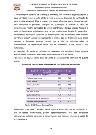 PREFEITURA DO MUNICÍPIO DE BRAGANÇA PAULISTA
Plano Municipal de Saneamento Básico
Sistemas de Abastecimento de Água e Esgotamento Sanitário
74
O tanque séptico consiste em um tanque enterrado, que recebe os esgotos (dejetos e
água servidas), retém a parte sólida e inicia o processo biológico de purificação da
parte líquida (efluente). Mas é preciso que esses efluentes sejam filtrados no solo
para completar o processo biológico de purificação e eliminar o risco de
contaminação. Porém, por razões de ordem econômica, o tanque séptico (fossa) é o
mais freqüentemente subdimensionado, o que resulta numa liquefação incompleta,
necessitando de limpeza constante do material (lodo) não estabilizado a ser coletado
por "limpa fossas". Apesar de representar o melhor tipo de tratamento para áreas
carentes e dispersas, pode-se deduzir que a falta de instrução sobre os
procedimentos de implantação desse tipo de tratamento é que levam a sua
ineficiência.
No município não existe um cadastro dos moradores que se utilizam desse ou outra
modalidade de tratamento alternativo, muito menos de sua eficiência.
Pelo censo do IBGE o último dado referente a esses sistemas aparecem no quadro
abaixo:
Quadro 13: Proporção de moradores por tipo de instalação sanitária
Quadro 6.4-01 - Proporção de moradores por tipo de
instalação sanitária
Instalação Sanitária 1991 2000
Rede geral de esgoto 65,8 74,8
Fossa séptica 6,7 10,3
Fossa rudimentar 24,2 12,5
Vala 1,5 0,3
Rio, lago ou mar - 1,5
Outro escoadouro 0,4 0,0
Não sabe o tipo de escoadouro 0,1 -
Não tem instalação sanitária 1,3 0,5
Fonte: IBGE/Censos Demográficos
Pelo quadro observa-se o aumento da utilização de fossas sépticas e a diminuição do
uso de fossas rudimentares, porém, aproximadamente 15% dos moradores
utilizavam-se métodos poluentes e contaminantes que colocam em risco a saúde da
população local.
 