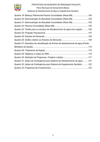 PREFEITURA DO MUNICÍPIO DE BRAGANÇA PAULISTA
Plano Municipal de Saneamento Básico
Sistemas de Abastecimento de Água e Esgotamento Sanitário
9
Quadro 19: Balanço Patrimonial Passivo Consolidado (Reais Mil)............................104
Quadro 20: Demonstração do Resultado Consolidado (Reais Mil)............................104
Quadro 21: Demonstração do Resultado Consolidado (Reais Mil)............................105
Quadro 22: Resumo Consolidado (Reais Mil)............................................................105
Quadro 23: Tarifas para os serviços de Abastecimento de água e/ou esgoto...........106
Quadro 24: Projeção Populacional.............................................................................107
Quadro 25: Estudos de Demanda..............................................................................108
Quadro 26: Gráfico relativo ao Estudos de Demanda................................................109
Quadro 27: Exemplos de classificação de formas de abastecimento de água (Fonte:
Ministério da Saúde)...................................................................................................114
Quadro 28: Tratamento de Esgoto.............................................................................115
Quadro 29: Objetivos e metas do PMS......................................................................116
Quadro 30: Definição de Programas, Projetos e Ações.............................................117
Quadro 31: Ações de Contingência para Sistema de Abastecimento de água..........121
Quadro 32: Ações de Contingência para Sistema de Esgotamento Sanitário...........122
Quadro 33: Programas de Investimentos...................................................................123
 