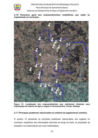 PREFEITURA DO MUNICÍPIO DE BRAGANÇA PAULISTA
Plano Municipal de Saneamento Básico
Sistemas de Abastecimento de Água e Esgotamento Sanitário
90
3.1.6 Panorama geral dos empreendimentos imobiliários que estão se
implantando no município:
Figura 51: Localização dos empreendimentos que solicitaram diretrizes para
implantação de sistema de água e esgoto à Concessionária. (Fonte: Sabesp)
3.1.7 Principais problemas relacionados ao sistema de esgotamento sanitário.
O quadro 14 apresenta os principais problemas relacionados aos esgotos no
município, originários das informações descritas ao longo do texto, as propostas de
soluções e os responsáveis por suas implantações.
 