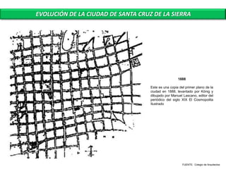 EVOLUCIÓN DE LA CIUDAD DE SANTA CRUZ DE LA SIERRA




                                                     1888

                                    Este es una copia del primer plano de la
                                    ciudad en 1888, levantado por König y
                                    dibujado por Manuel Lascano, editor del
                                    periódico del siglo XIX El Cosmopolita
                                    Ilustrado




                                                        FUENTE: Colegio de Arquitectos
 
