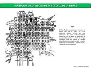EVOLUCIÓN DE LA CIUDAD DE SANTA CRUZ DE LA SIERRA




                                                       1927

                                   El Plan Techint propuso, para la ciudad de
                                   Santa Cruz de la Sierra, un futuro
                                   desarrollo urbano definido por una
                                   estructura de vías radio-concéntrica,
                                   insertando, en las áreas de expansión, el
                                   concepto de “Unidad Vecinal”. En ningún
                                   momento toma en cuenta el damero
                                   colonial existente, simplemente lo envuelve
                                   dentro de un primer anillo y, a partir de ahí,
                                    desarrolla el nuevo trazado.




                                                            FUENTE: Colegio de Arquitectos
 