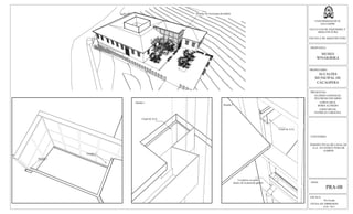 ESCALA:
Sin Escala
FECHA DE IMPRESION:
FEB. 2013
HOJA:
PRA-08
UNIVERSIDAD DE EL
SALVADOR
FACULTAD DE INGENIERIA Y
ARQUITECTURA
ESCUELA DE ARQUITECTURA
PROPUESTA:
MUSEO
WINAKIRIKA
PROPIETARIO:
ALCALDIA
MUNICIPAL DE
CACAOPERA
PRESENTAN:
GUZMÁN GONZALEZ,
WILFREDO EDUARDO
LOPEZ CRUZ,
BORIS ALFREDO
LOPEZ RIVAS,
PATRICIA CAROLINA
CONTENIDO:
PERSPECTIVAS DE CANAL DE
A.LL. EN ESTRUCTURA DE
GABION
Detalles de Estructura de Gabión
Detalle 1
Detalle 2
La tuberia se oculta
dentro de la pared de gabión
Detalle 2
Detalle 1
Canal de A.LL.
Canal de A.LL.
 