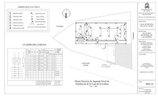 N°deCircuito
Espacios
Fases
Ocupados
Voltaje
111 110
Hilos
CargaInstal.
700
A
6.36
(Watts)
B
-
en Barras
(Amperios)
Corriente
Marcade
G.E.
Disyuntor
Polos Amp
20
Proteccion
L : Luminarias
T : Tomacorr.
Descrip. de Cargas
L:4
22 600 - 5.45 20 L:5
33 500 4.55 - L:4
44 800 - 7.27 L:5
55 600 5.45 -
66 600 - 5.45 T:2
77 600 5.45 - T:6
88 600 - 5.45 T:6
99 500 4.55 -
10
11
A B
1 2
3 4
5 6
7 8
9 10
11 12
1
1
1
1
1
1
1
1
110
110
110
110
110
110
110
110
2
2
2
2
2
2
2
2
2
G.E.
G.E.
G.E.
G.E.
G.E.
G.E.
G.E.
G.E.
1
1
1
1
1
1
1
1
1 T:6
20
20
20
20
20
20
20
5500
0.80
4400 21.09 18.90 Fecha:12/2012
ΣD
F.D
D.M
Alimentador:
2THHN#8+
Calculo:WEGG
Reviso: WGV
23.6226.36
0.80 0.80
1THHN#10
N
R : Reflector
S : Spot
M : Motor
L:6
12 Futura Exp.
Futura Exp.
Futura Exp.
ESCALA:
LA INDICADA
FECHA DE IMPRESION:
FEB. 2013
HOJA:
PRD-16
UNIVERSIDAD DE EL
SALVADOR
FACULTAD DE INGENIERIA Y
ARQUITECTURA
ESCUELA DE ARQUITECTURA
PROPUESTA:
CASA MUNICIPAL
DE LA CULTURA
PROPIETARIO:
ALCALDIA
MUNICIPAL DE
CACAOPERA
PRESENTAN:
GUZMÁN GONZALEZ,
WILFREDO EDUARDO
LOPEZ CRUZ,
BORIS ALFREDO
LOPEZ RIVAS,
PATRICIA CAROLINA
CONTENIDO:
2 3
A
B
B
C
A
A
A C
C
3
C
B
B
A
B
2
Planta Electrica de Segundo Nivel de
Ampliación de la Casa de la Cultura
Esc 1 : 200
2
2
2
2
2 2
2
2
2
2
2
Colindante
Calle Doble
Sentido
PLANTA DE
INSTALACIONES
ELECTRICAS SEGUNDO
NIVEL
SIMBOLOGIA ELECTRICA
Interruptor sencillo
Interruptor Doble
Interruptor Triple
2
3
Luminaria ahorrativa
Luminaria Exterior
Luminaria hacia arriba
8 Número de circuito
Poste a colocar
Poste Existente
2 Tomacorriente doble
Linea interna
Linea de distribuidora
SIMBOLOGIA ELECTRICA
ACCESO
N.P.T.:0.0-2.20 m
4
5
8
9
Colindante
CUADRO DE CARGAS
 