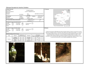 X
X
Nombre del atractivo: CUEVA YARRAWALAGI
Ficha para Inventario de Atractivos Turisticos
1. Datos Generales 7. Ubicación
Encuestador: PATRICIA RIVAS
Propietario:
Categoría:
NATURAL
Tipo: HISTORIA-NATURAL
Sub-tipo: -
88°04.581'W
Cercano al Caserio: Agus Blanca Cercano a Calle: -
Municipio: Cacaopera Canton: Guachipilin
2. Ubicación Latitud: 13°85.180'N Longitud:
3. Caracteristicas fisicas del atractivo Altura (m.s.n.m.): 837
Alterado No alterado En proceso de
deterioroDeteriorado Conservado
Temperatura (C°): 27
4. Estado de conservación del atractivo
Causas:
5. Estado de conservación del entorno 8. Historia
Alterado No alterado En proceso de
deterioro
Cuentan las personas de edad adulta que antes de la guerra interna en el pais, en esta cueva vivia una
señora que se llamaba Victoria, la cual tenia como mascota una culebra de gran tamaño, y se creia que
ella cuidaba de Doña Victoria y que en una ocasion personas ajenas lastimaron la culebra y desde
entonces Doña Victoria enloquesio a causa de el daño que le habian hecho a la culebra. En la
actualidad este sitio funciona como luugar de descazo para las personas que viaja por senderos ya que
es una cueva de facil acceso y da un ambiente agradable para el descanzo.
Deteriorado Conservado
Causas:
6. Infraestructura vial y de acceso
Tipo Sub tipo
Estado de via
Transporte
Frecuencia
B R M Diaria Semanal Eventual
Auto Bus X
Empedrada Camión
Asfaltado
4 x 4 X
Terrestre
Tierra 4 x 4 X
Automovil
9. Fotografia
Sendero X
Terrestre
Tierra
 