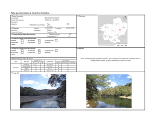 X
X
Terrestre
Tierra
Asfaltado X
Empedrada Camión
4 x 4
X
X
X
Transporte
Frecuencia
Eventual
Causas:
5. Estado de conservación del entorno 8. Historia
Alterado No alterado En proceso de
deterioroDeteriorado Conservado
Poza vissitada por gran cantidad de turistas, que se dirijen en los caminos de Cacaopera hacia el
Canton Potrero Grande, ya que se encuentra a la orilla de la calle
R M Diaria Semanal
Auto Bus
Causas:
6. Infraestructura vial y de acceso
Tipo Sub tipo
B
Estado de via
3. Caracteristicas fisicas del atractivo Altura (m.s.n.m.): 397
Alterado No alterado En proceso de
deterioroDeteriorado Conservado
Temperatura (C°): 30
4. Estado de conservación del atractivo
Cercano al Caserio: Cercano a Calle: -
Municipio: Cacaopera Canton:
Nombre del atractivo: POZA EL LAGARTO
Ficha para Inventario de Atractivos Turisticos
1. Datos Generales 7. Ubicación
Encuestador: WILFREDO GUZMAN
Longitud:
Propietario:
Categoría:
TURISTICO-NATURAL
Tipo: RIO
Sub-tipo: -
88°02.432'W2. Ubicación Latitud: 13°48.001'N
9. Fotografia
Sendero
Terrestre
Tierra
Automovil X
4 x 4 X
 
