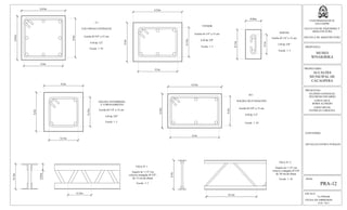 ESCALA:
La Indicada
FECHA DE IMPRESION:
FEB. 2013
HOJA:
PRA-12
UNIVERSIDAD DE EL
SALVADOR
FACULTAD DE INGENIERIA Y
ARQUITECTURA
ESCUELA DE ARQUITECTURA
PROPUESTA:
MUSEO
WINAKIRIKA
PROPIETARIO:
ALCALDIA
MUNICIPAL DE
CACAOPERA
PRESENTAN:
GUZMÁN GONZALEZ,
WILFREDO EDUARDO
LOPEZ CRUZ,
BORIS ALFREDO
LOPEZ RIVAS,
PATRICIA CAROLINA
CONTENIDO:
DETALLES ESTRUCTURALES
0,2m
0,2m
0,45m
0,45m
0,2m
0,25m
0,08m
0,15m
COLUMNAS CENTRALES
Estribo Ø 3/8" a 15 cm
6 Ø de 1/2"
0,4m
0,4m
0,15m
0,2m
0,1m
0,15m
0,15m
TENSOR
Estribo Ø 1/4" a 13 cm
6 Ø de 3/8"
Escala 1: 10
Escala 1: 5
0,55m
0,35m
0,5m
0,3m
NERVIO
Estribo Ø 1/4" a 15 cm
2 Ø de 3/8"
Escala 1: 5
SOLERA INTERMEDIA
Y CORONAMIENTO
Estribo Ø 1/4" a 15 cm
4 Ø de 3/8"
Escala 1: 5
SOLERA DE FUNDACIÓN
Estribo Ø 3/8" a 15 cm
6 Ø de 1/2"
Escala 1: 10
0,3m
0,51m
0,13m
0,12m
0,03m
VIGA N° 2
Escala 1: 10
Ángulo de 1 1/2" con
refuerzo triangular Ø 3/8",
de 30 cm de altura
VIGA N° 1
Escala 1: 5
Ángulo de 1 1/2" con
refuerzo triangular Ø 3/8",
de 13 cm de altura
C1
SF1
 