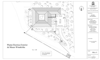 ESCALA:
1 : 125
FECHA DE IMPRESION:
FEB. 2013
HOJA:
PRA-13
UNIVERSIDAD DE EL
SALVADOR
FACULTAD DE INGENIERIA Y
ARQUITECTURA
ESCUELA DE ARQUITECTURA
PROPUESTA:
MUSEO
WINAKIRIKA
PROPIETARIO:
ALCALDIA
MUNICIPAL DE
CACAOPERA
PRESENTAN:
GUZMÁN GONZALEZ,
WILFREDO EDUARDO
LOPEZ CRUZ,
BORIS ALFREDO
LOPEZ RIVAS,
PATRICIA CAROLINA
CONTENIDO:
PLANTA ELECTRICA
EXTERIOR
M
Acceso
Plaza de Acceso
A
A
A
A
B
B
NOTA: Toda la distribucion
externa de energia electrica
será subterranea
Planta Electrica Exterior
de Museo Winakirika
Esc 1 : 200
 