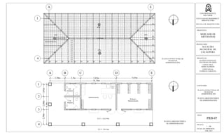 ESCALA:
1 : 100
FECHA DE IMPRESION:
FEB. 2013
HOJA:
PRB-07
UNIVERSIDAD DE EL
SALVADOR
FACULTAD DE INGENIERIA Y
ARQUITECTURA
ESCUELA DE ARQUITECTURA
PROPUESTA:
MERCADO DE
ARTESANIAS
PROPIETARIO:
ALCALDIA
MUNICIPAL DE
CACAOPERA
PRESENTAN:
GUZMÁN GONZALEZ,
WILFREDO EDUARDO
LOPEZ CRUZ,
BORIS ALFREDO
LOPEZ RIVAS,
PATRICIA CAROLINA
CONTENIDO:
PLANTA ESTRUCTURAL DE
TECHOS DE
ADMINISTRACION
A
16,18m
2,38m
Administración
S.S.
Hombres
Bodega y
Mantenimiento
N.P.T.: 0.0-2.95m
S.S.
Mujeres
N.P.T.: 0.0-3.0m
B C D E
1
4
3
2
6,4m
2,5m
1,95m2,08m2,38m
5,65m 5,65m
A E
1
4
45%
45%
45% 45%
Cumbrera
PLANTA ARQUITECTONICA
DE ADMINISTRACIÓN
P1 P1 P1 P1 P1 P1 P1 P1 P1 P1 P1 P1 P1 P1 P1
P1
P1
P1
P1
P1
P1
P1
P1
V1
V1
V1
V1
V1
V1
V1
V1
V1
V1
V1
V1
V1V1V1V1V1
V1V1V1V1V1V1
PLANTA ESTRUCTURAL DE
TECHOS DE
ADMINISTRACION
PLANTA ARQUITECTONICA
DE ADMINISTRACIÓN
 