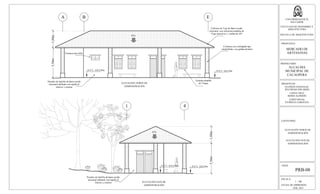 ESCALA:
1 : 100
FECHA DE IMPRESION:
FEB. 2013
HOJA:
PRB-08
UNIVERSIDAD DE EL
SALVADOR
FACULTAD DE INGENIERIA Y
ARQUITECTURA
ESCUELA DE ARQUITECTURA
PROPUESTA:
MERCADO DE
ARTESANIAS
PROPIETARIO:
ALCALDIA
MUNICIPAL DE
CACAOPERA
PRESENTAN:
GUZMÁN GONZALEZ,
WILFREDO EDUARDO
LOPEZ CRUZ,
BORIS ALFREDO
LOPEZ RIVAS,
PATRICIA CAROLINA
CONTENIDO:
ELEVACIÓN NORTE DE
ADMINISTRACIÓN
A B E
1 4
N.P.T.: 0.0-2.95m N.P.T.: 0.0-3.0m
45%
45%
N.P.T.: 0.0-2.95m N.P.T.: 0.0-3.0m
ELEVACIÓN ESTE DE
ADMINISTRACIÓN
ELEVACIÓN NORTE DE
ADMINISTRACIÓN
ELEVACIÓN ESTE DE
ADMINISTRACIÓN
3,36m1,88m
3,36m1,88m
Paredes de ladrillo de barro cocido
artesanal adobado con repello al
interior y exterior
Cubierta de Teja de Barro cocido
artesanal, con estructura metálica de
Viga maconver y varillas de 3/8"
Columna con enchapado tipo
enladrillado, con galleta de barro
Paredes de ladrillo de barro cocido
artesanal adobado con repello al
interior y exterior
Ventana abatible
de 2 hojas
Ventana tipo sifón
 