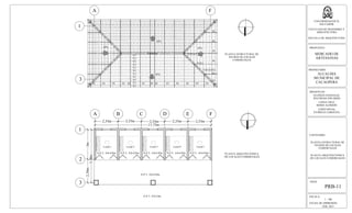 ESCALA:
1 : 100
FECHA DE IMPRESION:
FEB. 2013
HOJA:
PRB-11
UNIVERSIDAD DE EL
SALVADOR
FACULTAD DE INGENIERIA Y
ARQUITECTURA
ESCUELA DE ARQUITECTURA
PROPUESTA:
MERCADO DE
ARTESANIAS
PROPIETARIO:
ALCALDIA
MUNICIPAL DE
CACAOPERA
PRESENTAN:
GUZMÁN GONZALEZ,
WILFREDO EDUARDO
LOPEZ CRUZ,
BORIS ALFREDO
LOPEZ RIVAS,
PATRICIA CAROLINA
CONTENIDO:
PLANTA ESTRUCTURAL DE
TECHOS DE LOCALES
COMERCIALES
PLANTA ARQUITECTONICA
DE LOCALES COMERCIALES
A
1
B C D E F
2
3
N.P.T.: 0.0-4.95m
N.P.T.: 0.0-5.0m
A
1
F
N.P.T.: 0.0-4.92m
Local 1
N.P.T.: 0.0-4.92m
Local 2
N.P.T.: 0.0-4.92m
Local 3
N.P.T.: 0.0-4.92m
Local 4
N.P.T.: 0.0-4.92m
Local 5
11,75m
2,35m 2,35m 2,35m 2,35m 2,35m
5,38m
3m2,38m
45%
45%
Cumbrera
45%45%
V1
V1
V1
V1
V1
V1
V1
V1
P1 P1 P1 P1 P1 P1 P1 P1 P1 P1 P1 P1 P1
V1V1V1
V1V1
V1V1V1V1
P1
P1
P1
P1
P1
P1
3
PLANTA ESTRUCTURAL DE
TECHOS DE LOCALES
COMERCIALES
PLANTA ARQUITECTONICA
DE LOCALES COMERCIALES
V1
V1
V1
 