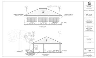 ESCALA:
1 : 100
FECHA DE IMPRESION:
FEB. 2013
HOJA:
PRB-14
UNIVERSIDAD DE EL
SALVADOR
FACULTAD DE INGENIERIA Y
ARQUITECTURA
ESCUELA DE ARQUITECTURA
PROPUESTA:
MERCADO DE
ARTESANIAS
PROPIETARIO:
ALCALDIA
MUNICIPAL DE
CACAOPERA
PRESENTAN:
GUZMÁN GONZALEZ,
WILFREDO EDUARDO
LOPEZ CRUZ,
BORIS ALFREDO
LOPEZ RIVAS,
PATRICIA CAROLINA
CONTENIDO:
ELEVACIÓN SUR DE
CAFETERIA
ELEVACIÓN OESTE DE
CAFETERIA
N.P.T.: 0.0-5.0mN.P.T.: 0.0-4.95m
45%
45%
N.P.T.: 0.0-5.0mN.P.T.: 0.0-4.95m
ELEVACIÓN SUR DE
CAFETERIA
ELEVACIÓN OESTE DE
CAFETERIA
A D
31
Paredes de ladrillo de barro cocido
artesanal adobado con repello al
interior y exterior
Cubierta de Teja de Barro cocido
artesanal, con estructura metálica de
Viga maconver y varillas de 3/8"
Columna con enchapado tipo
enladrillado, con galleta de barro
Ventanas con persianas de madera,
plegadizas de 7 cuerpos
Ventana abatible
de 2 hojas
 